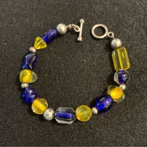 Artisan Sterling Silver and Cobalt Blue & Lemon Yellow Glass Bead Bracelet